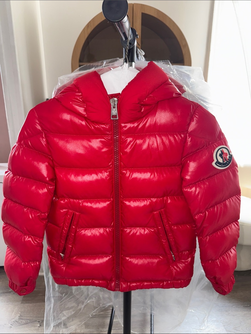 Moncler Kids Bright Red Hooded Puffer Jacket
